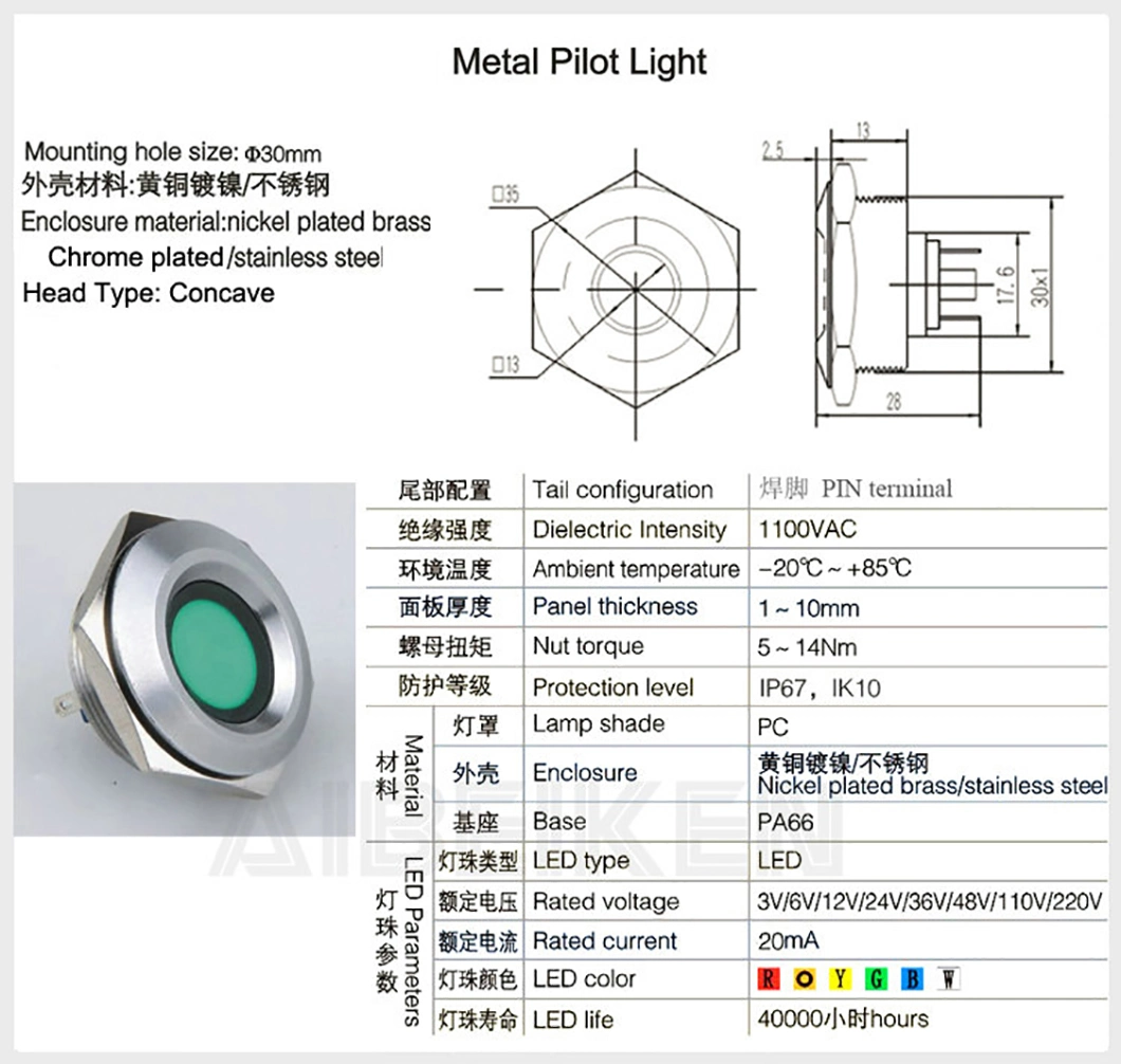 12V 24V 220V Waterproof Metal LED Indicator Lights for Car Battery Charge